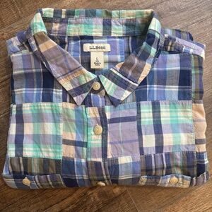 L.L. Bean Women L Plaid Button Down Shirt Patchwork Pocket Roll Cuff Long Sleeve